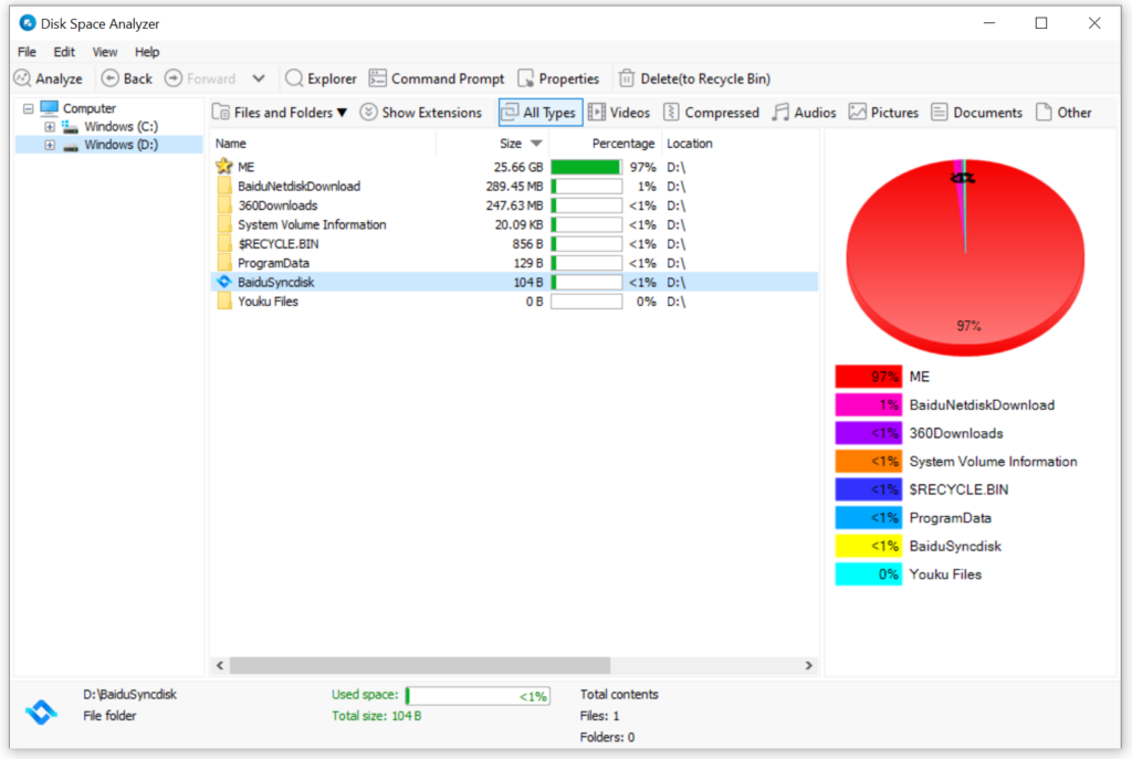 Just select the Drive or folder to see which files are taking up most of your hard drive space. Then choose the useless files you want to delete and click “Delete (to Recycle Bin)” to clean junk files from your disk.