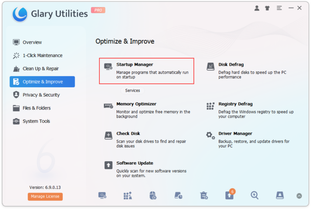 Launch Glary Utilities and navigate to the Startup Manager tool.